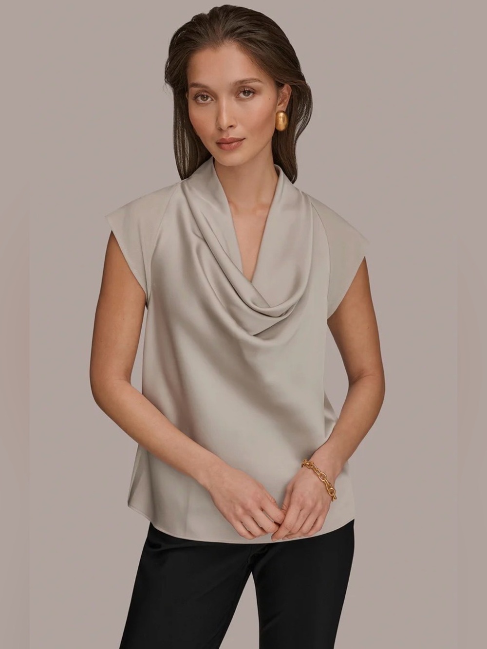 NWT Donna Karan Women's Mixed Media Cowl Neck Top. Tuscan Grey. MEDIUM. $69.